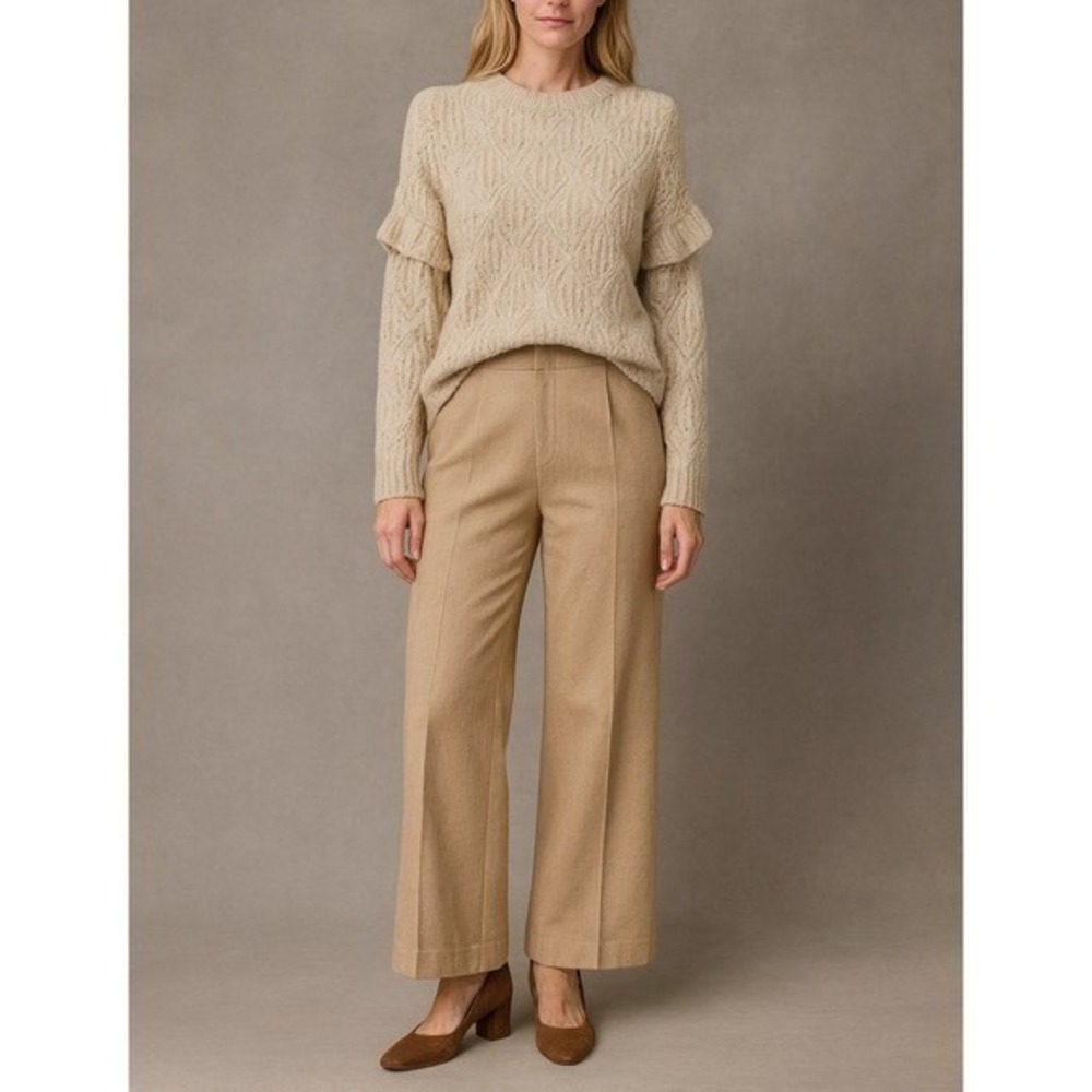 Old Navy Wool Blend Open‎ Knit Sweater Size M Ruffle Detail Cream